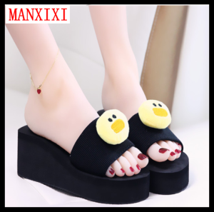 MANXIXI Women Beautiful 2.36 Inches Wedge Sandals Chick Rabbit Bear Inlay Rubber Sole Sturdy Flat Slippers (Size 35-40)