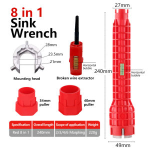 MIFFY Sink Wrench 8-In-1 Multifunctional Faucet Key Plumbing Pipe Wrench Anti-Slip Kitchen Repair Plumbing Tool