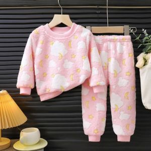 BRMU4 Cartoon Print Kids Pajamas Suit Warm Elastic Waist Pants Kids Homewear Cute Thickened Flannel Clothing Sets Winter