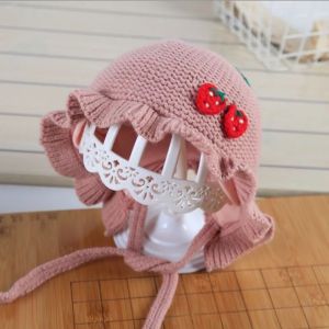 topi kupluk bayi bonet stroberi pakai tali terbaru topi bayi perempuan lucu umur 0-2 tahun