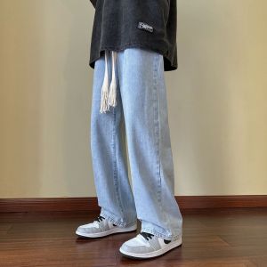 กางเกงยีนส์เอวยางยืดสําหรับผู้ชายและผู้หญิงตรงญี่ปุ่นย้อนยุคสบายๆอเนกประสงค์หลวมกางเกงขายาว
