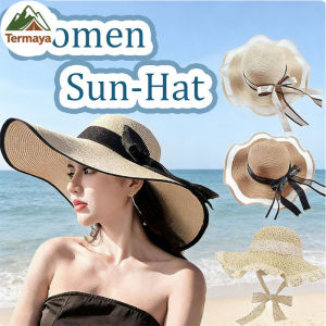 Termaya Womens Foldable Wide Lace Trim Straw Sun Hat Breathable Beach Cap Topi Pantai Wanita Summer UV Protection Hat