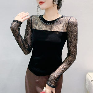 Áo sơ mi đế màu đen dài tay ren áo cổ tròn đính kim sa sang trọng mới nhất Yimei 2024 đẹp và độc đáo