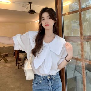 Short Sleeve Blouse For Women Chiffon Square Neck Doll Collar Loose Plus Size Top