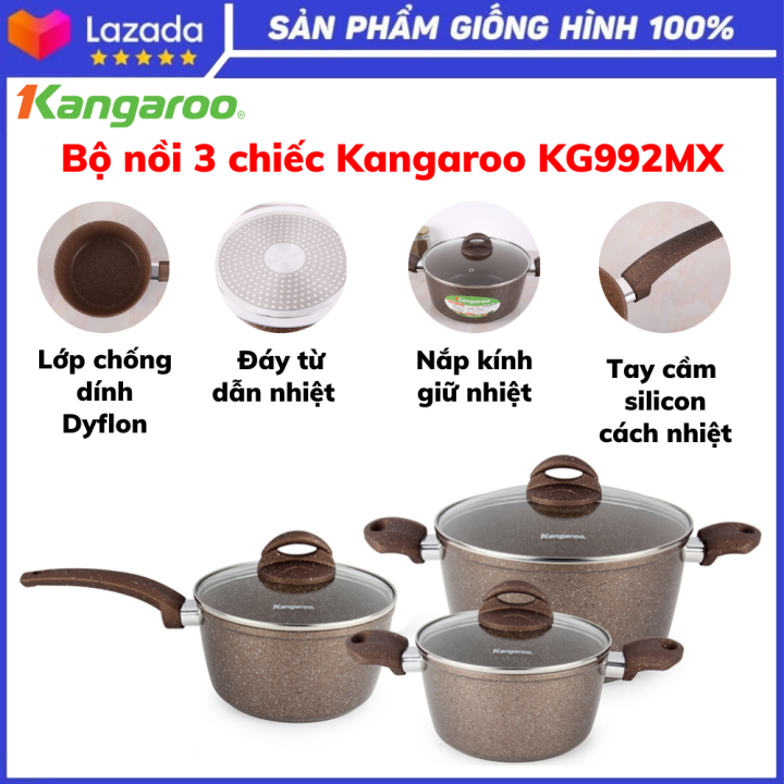 Bộ nồi 3 chiếc Kangaroo KG992MX, Hợp kim nhôm đáy từ cao cấp, Màu sắc hiện đại, Thiết kế sang trọng, Bộ nồi chính hãng, Bảo hành 24 tháng