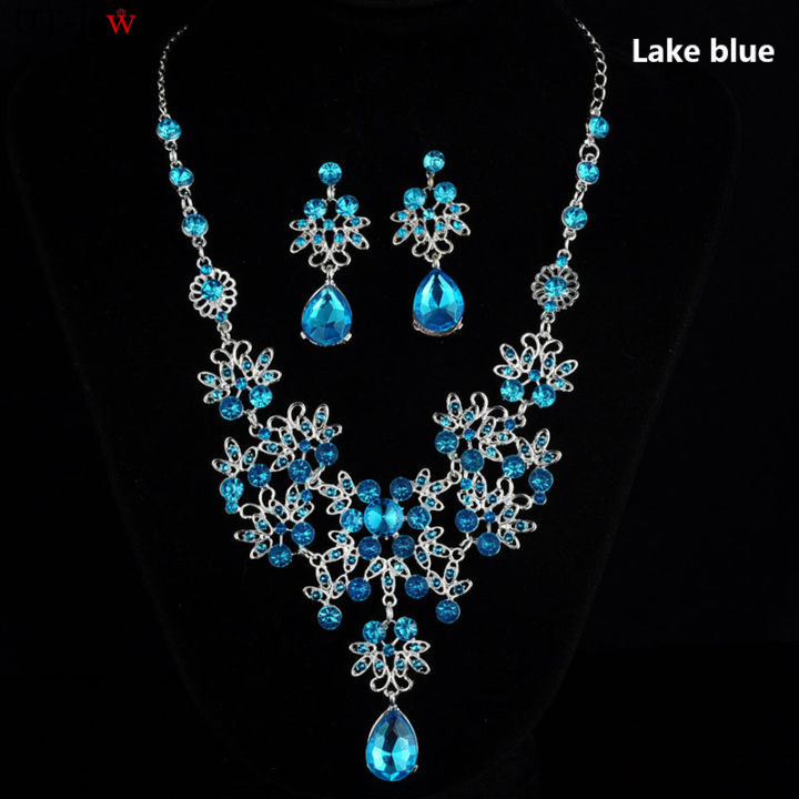 Bridal Jewelry Set Crystal Flower Drop Necklace Earrings Luxury