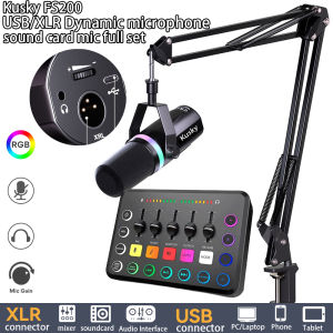 Kusky x100 bluetooth Sound Card dynamic Microphone Set Professional Sound Card Audio Interface Mixer With Bluetooth Input And dynamic FS200 Mic For PCPhoneGuitarLive StreamingRecording