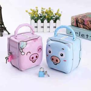 HTF.Cute piggy bank tinplate metal piggy bank with lock key children tin box gift student