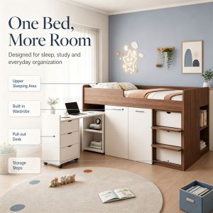 Solid Wood Multifunctional Childrens Bed With Wardrobe Storage Bed/Loft Bed Storage Shelves