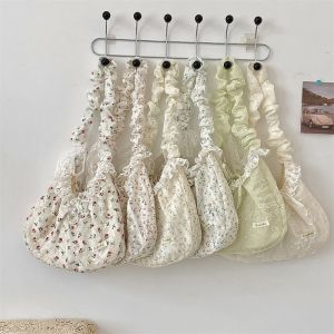 COSE Bowknot Fresh Lace Handbag Underarm Bag Pastoral Style Cloth Dumpling Bag Elegant Sweet Floral Pleated Shoulder Bag Girls