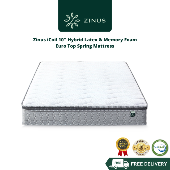 Zinus 10" ICoil Hybrid Latex & Memory Foam Euro Top Spring Mattress ...