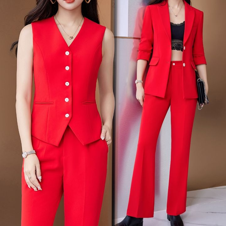 High Quali Spring Formal Ladies Red Blazer Women Business Suits with Sets  Work Wear Office Uniform XL Wide leg Pants Vest Jacket
