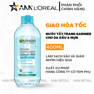 Nước Tẩy Trang Garnier Nắp Xanh Cho Da Dầu Mụn Micellar Cleansing Water Salicylic BHA 400ml [Chính Hãng]