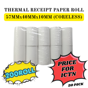 【1CTN=100/200ROLL ! ! !】Thermal Paper Roll 57MMx40MMx10MM Coreless / Topup / SRS / Portable Printer