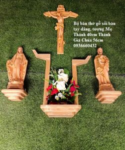 Bộ bàn thờ Thiên Chúa tượng Mẹ Thánh 40cm thánh giá chúa 56cm 3 kệ thờ gỗ sồi bàn tay cao cấp trang trí bàn thờ gia đình công giáo sang trọng.