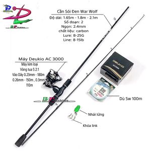 Combo cần câu lure máy đứng SÓI ĐEN - Máy Deukio AC3000 hoặc FS3000 và phụ kiện giá rẻ