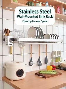 SJORAGE On Hand🔥Wall Mounted Stainless Steel Dish Drying Rack Over Sink Design with Pull Out Drain Tray Kitchen Plate Bowl Cup Organizer Space Saving Kitchen Storage Rack