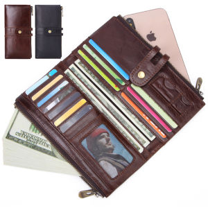 2020 Genuine Leather Long Purse Bag Business Mens Card Holder Photo Holder Cell Phone Pocket Zipper Wallet