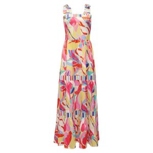 Women Spaghetti Strap Colorful Print Boho Casual Loose Long Dress for Summer Beach Holiday㏇X0407