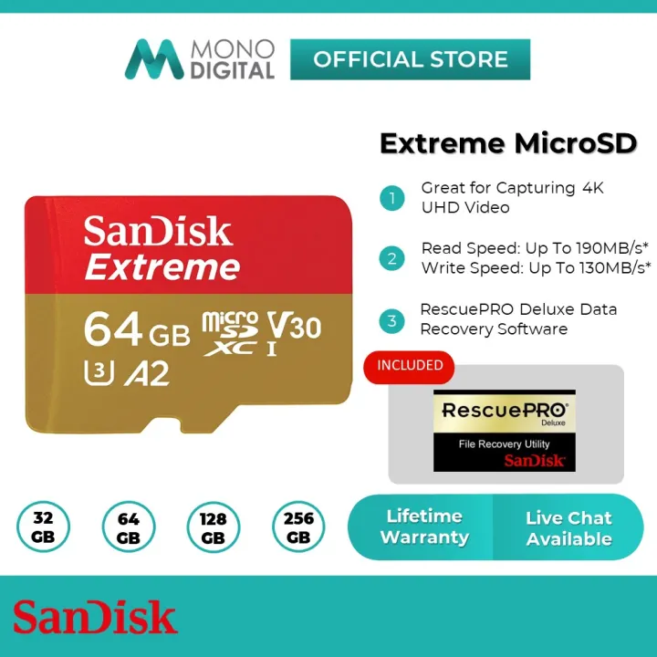SanDisk Extreme Micro SD Memory Card Up To 190MB/S A2 Class 10 UHS-I V30 (U3) (32GB/64GB/128GB/256GB/512GB/1TB/2TB) 4K Ultra HD for Smartphones Action Cameras