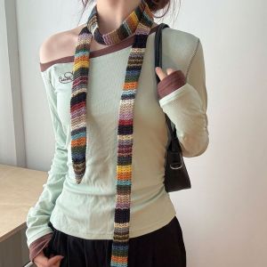 HEALMEYOU Long Strip Crochet Striped Scarf Colorful Fashion Woven Skinny Scarf Stylish Lightweight Women’s Neck Scarf Photo Props