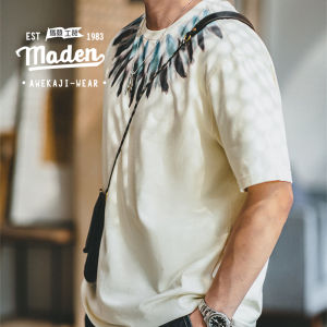 MADEN brand Tooling Style Men 2024 Summer New American Retro Indian Feather Print Short Sleeve Boyfriend Distressed Loose Ethnic Style Boy T-Shirt