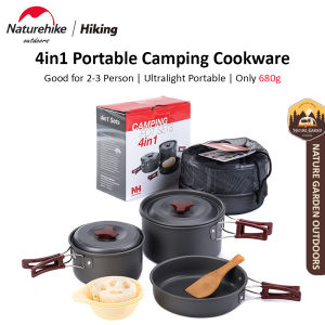 Naturehike Camping Cookware 4 in 1 Portable Pan Bowl Cooking Pot Set 0.68kg for 2 to 3 Person Aluminum Alloy Pot Outdoor Folding Utensil Tableware Ultralight Hiking