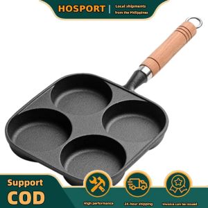 【HOSPORT】 4-Hole Breakfast Burger Egg Pancake Maker Wooden Handle Non Stick Egg Burger Ham Pan Multifunction Hamburger Steak Pan for Gas Stove Induction Cooker