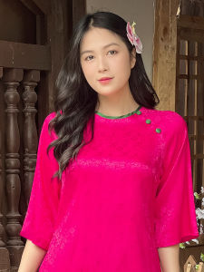 Áo dài gấm suông hoa cúc viền cổ thanh lịch AD183- Khánh Linh Style