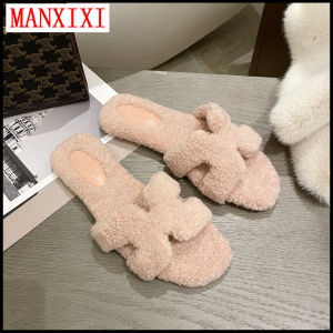 MANXIXI Fashion Flat Sandals Women Beautiful Winter Warm Rabbit Fur Cute Slippers (Size 35-40)