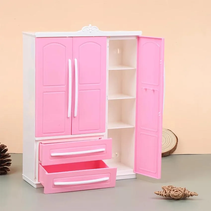 18.2*7*25.8cm】1 Set Mini Plastic Closet Doll Wardrobe with Mirror + 10 Pink  Hangers Accessories for Doll Bedroom Set Baby Girl DIY Toys Doll-Wardrobe