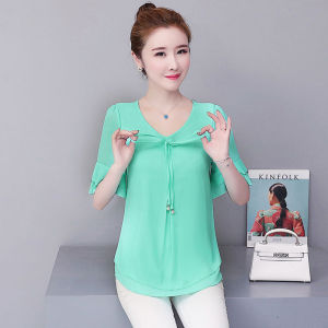 WOUEY Chiffon Shirt Women Summer Blouse Korean Blouse Plus Size Casual Short Sleeve Blosue