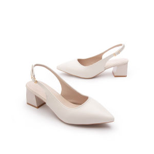 Beige Pointed Toe Back Empty Sandals with Block Heels for Women Office Work Wedding