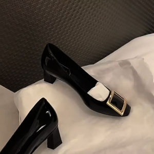 Free Shipping 2026 Square-Toe Shallow-Mouth Patent Leather Chunky-Heel Commuter-Style Early Autumn And Spring Beautiful Flats Work Shoes High Heels For Women