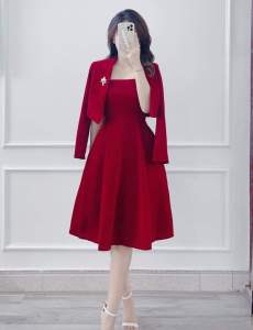 [MÃ LAZADAFAHB01 - GIẢM 30K ĐƠN 100K] Sét bộ áo véc phối váy cúp ngực đỏ Nhung siêu đẹp đầm đẹp dự tiệc .