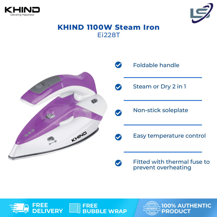 KHIND 1100W Steam Iron EI228T Nonstick Soleplate Foldable Handle