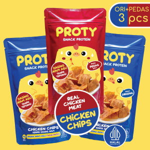 PROTY Chicken Chips Ori(2 pcs)+Pedas(1 pcs) Snack Cemilan Berprotein Tinggi - Keripik Daging Ayam Asli Krispi 18 gr