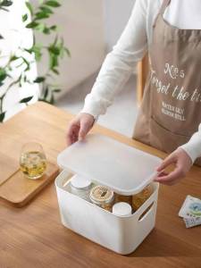 Home Signature Japanese-Style White Storage Basket Shelf Organizer Plastic Container Box Home Clothes Underwear Sundries Storage Desktop Cosmetic Storage Stationery Box with Lid