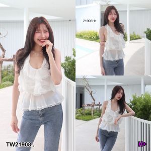 TW21908 เสื้อผูกคอ แต่งลูกไม้รอบตัว หลังดึงยาง ..