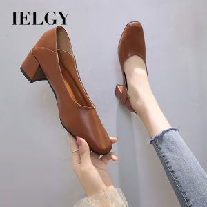IELGY womens high heels reversible shallow mouth 5cm thick heel square toe small leather shoes