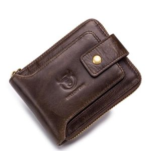 BULLCAPTAIN RFID Anti-theft Brush Zip Card Holder Mens Leather Wallet