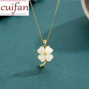 18k gold pawnable saudi gold original Natural Hotan Jade Four leaf Grass Pendant Necklace for women