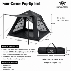 3-4 People Large Camping Tent Seconds Quick Four-Corner Setup Tent Double Layer PU2000 Waterproof 210D Oxford Cloth B4 Anti-Mosquito Mesh with Sunshade Awning Windproof Fiberglass Frame Compact Foldable Outdoor Shelter for Family