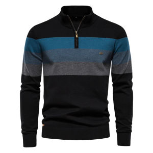 2024 Mens Patchwork Pullover Sweater Cotton Casual Zipper Mock Neck Sweater for Men New Winter Fashion Warm Sweater for Men