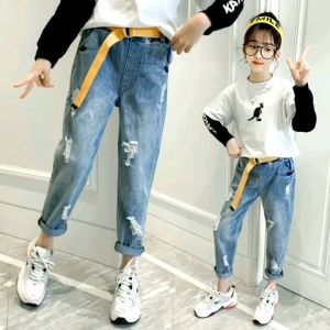 CELANA PANJANG JEANS ANAK PEREMPUAN KOREAN STYLE RIPPED CLAW FREE BELT