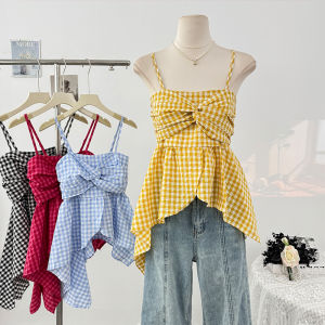 Lotus Leaf Edge Sweet Age-reducing Contrasting Color Plaid Suspender Vest Womens Irregular Summer Belly Cover Waist Thin Top