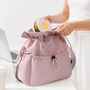 FECIA Portable Drawstring Insulated Lunch Bag Floral Leopard Print Large Capacity Food Storage Bag Fashion Easy Clean Meal Container Bag Work