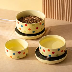 QEFEE Ceramic Pet Heated Water Bowl Cartoon Intelligent Temperature Adjustable Self-Heating Water Bowl Pet Accessories Noiseless Cat Insulated Water Bowl Home