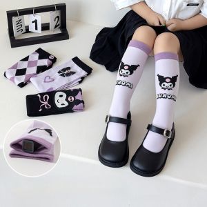 Sanrio Kuromi Purple Diamond Striped Girls Stockings Pure Cotton Calf Socks