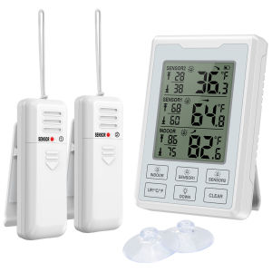 Brifit Refrigerator Thermometer Wireless Digital Freezer Thermometer with 2 Sensors Audible Alarm Min and Max Record Large LCD Display for Home Restaurants Bars (Battery not Included)